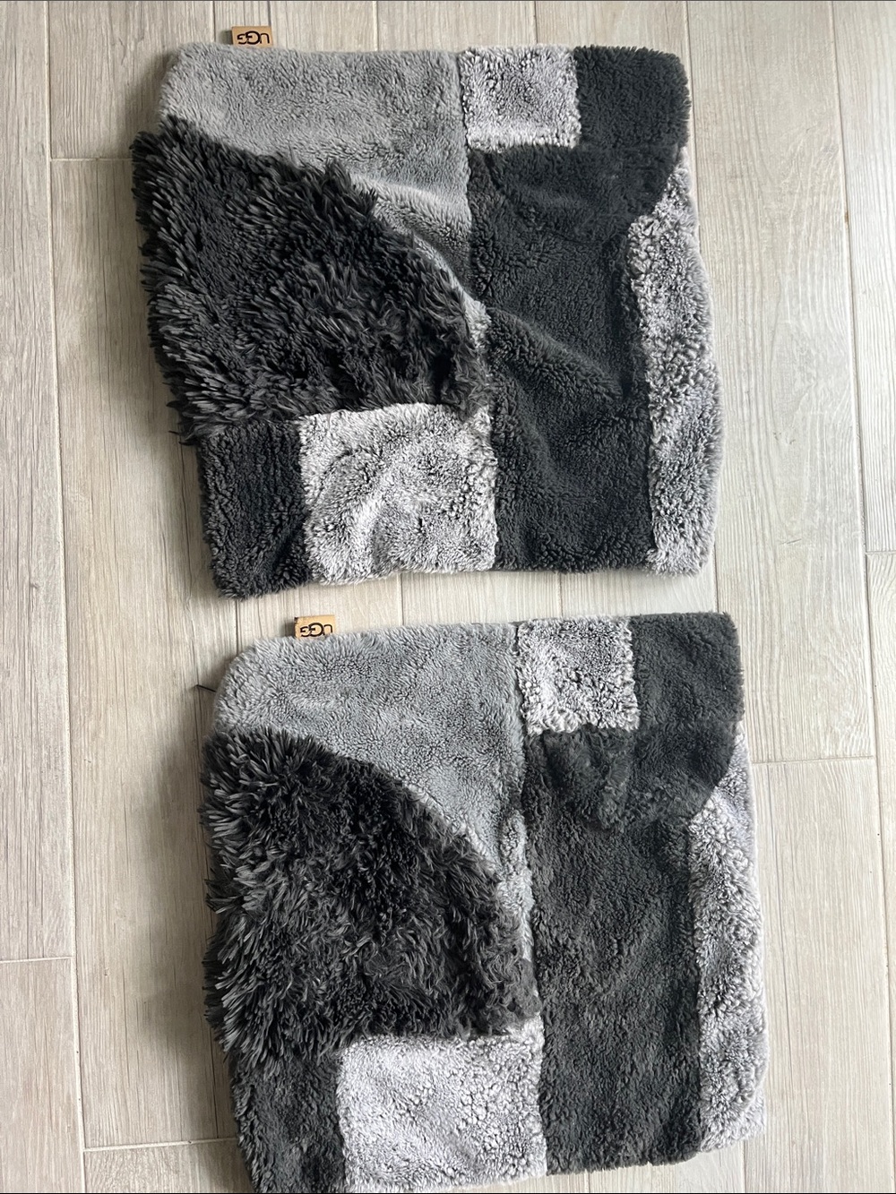 2 Ugg patchwork faux fur textured gray tones pillow sham supersoft square 20x20”